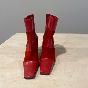 Red patchwork ankle boots